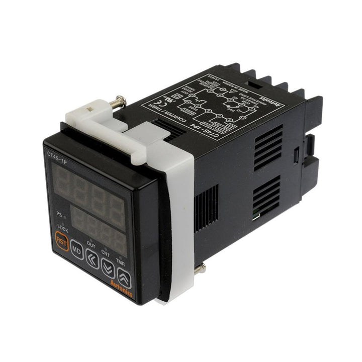 Autonics CT4S-1P4 digital timer with LED display, multifunction modes, and compact 48×48 mm design.