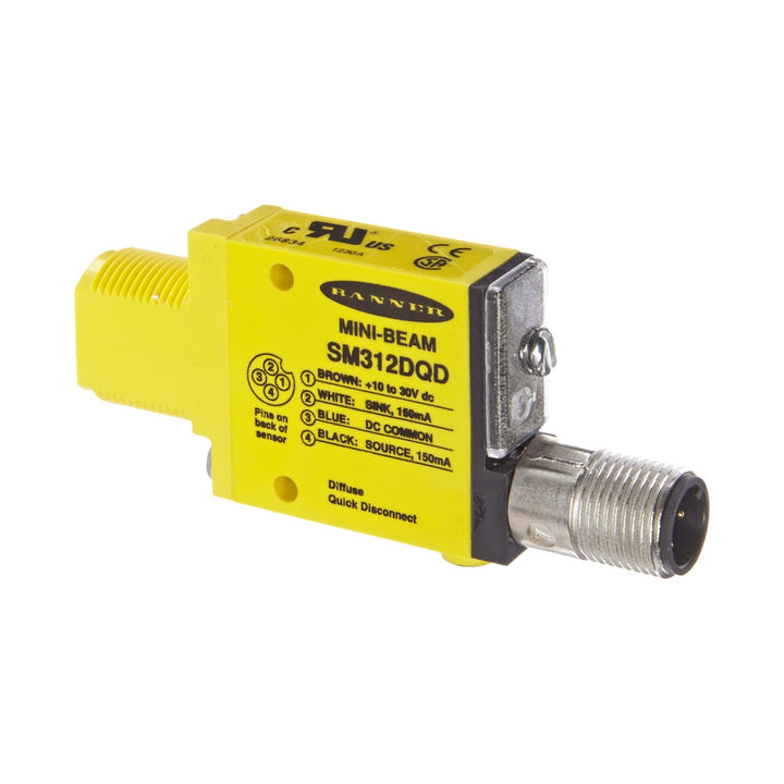 Banner Engineering SM312DQD diffuse mode photoelectric sensor, 200 mm range, 10–30 V DC, QD connector