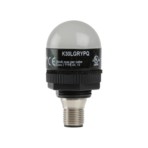 Banner K30LGRYPQ RGB 30 mm indicator light with M12 connector and PNP input for industrial signaling.