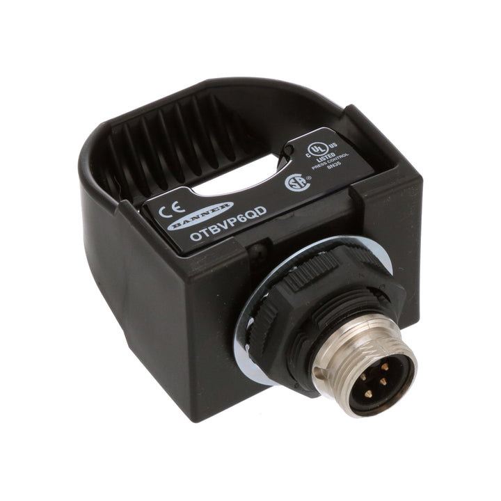 Banner OTBVP6QD diffuse-mode photoelectric sensor, 100 mm range, 10–30 V DC, PNP output, M12 QD connector.