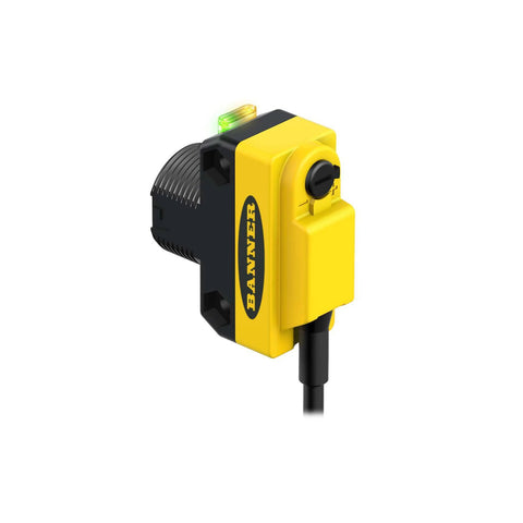 Banner QS18VN6LVQ8 QS18 photoelectric sensor with visible red LED and PNP output for long-range detection.