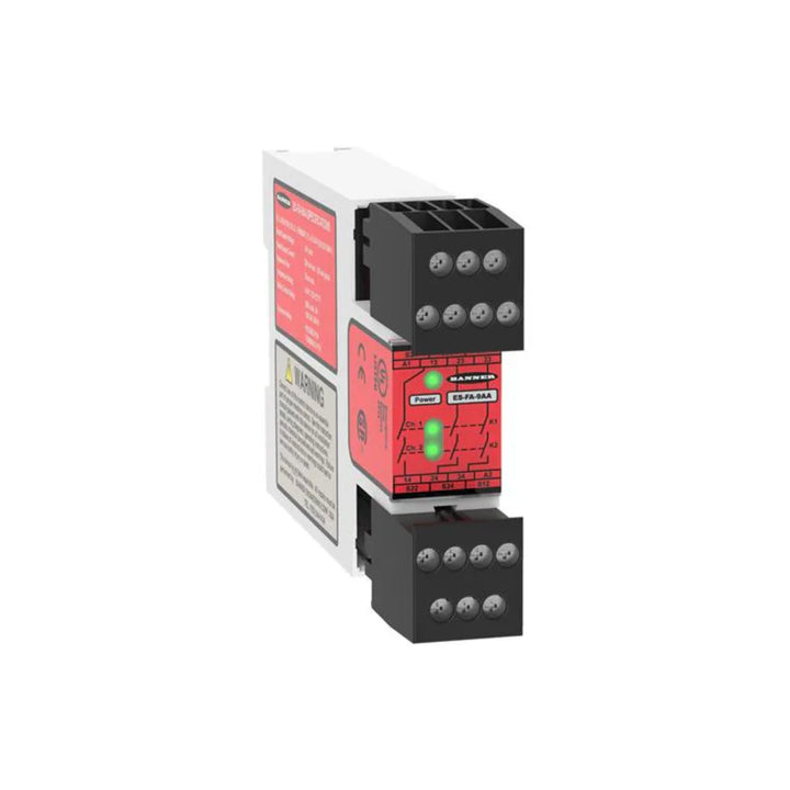 Banner ES-FA-9AA safety relay module for emergency stop and machine safety control.