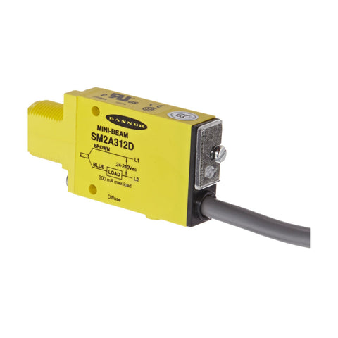 Banner SM2A312D diffuse Mini-Beam photoelectric sensor for short-range industrial object detection.