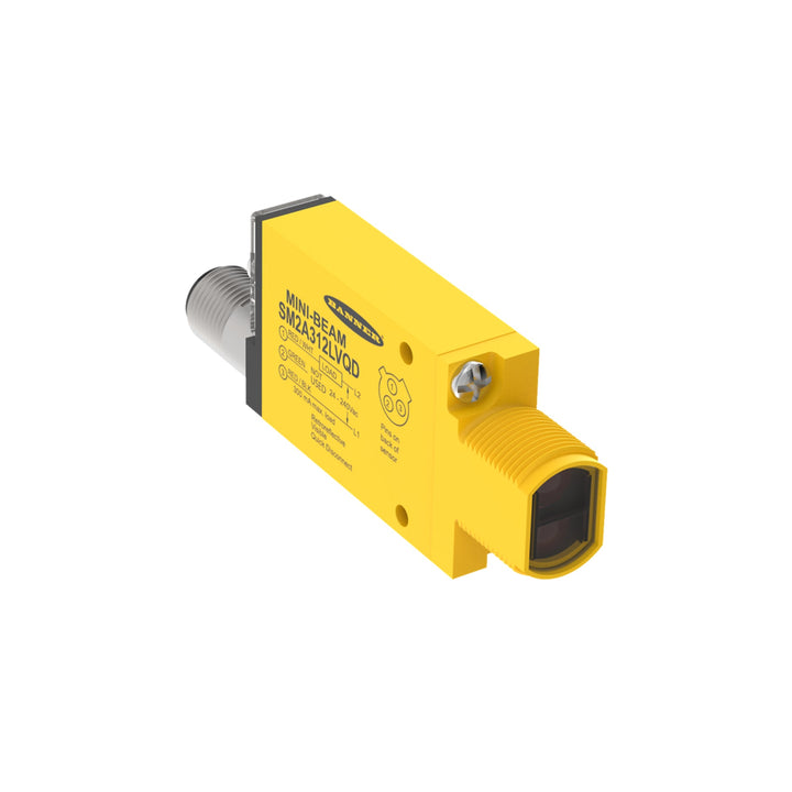 Banner SM2A312LVQD adjustable-field Mini-Beam photoelectric sensor with visible red LED.
