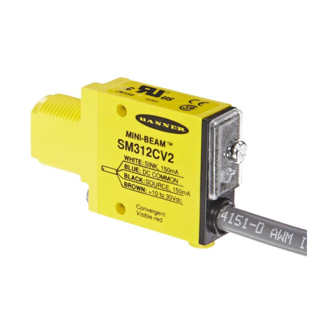 Banner SM312CV2 mini beam sensor with PNP output and IP67 housing for industrial object detection.