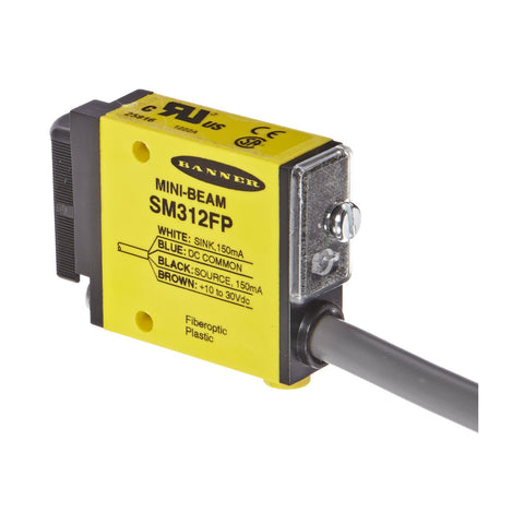 Banner SM312FP fixed-field Mini-Beam photoelectric sensor with visible red LED for short-range detection.