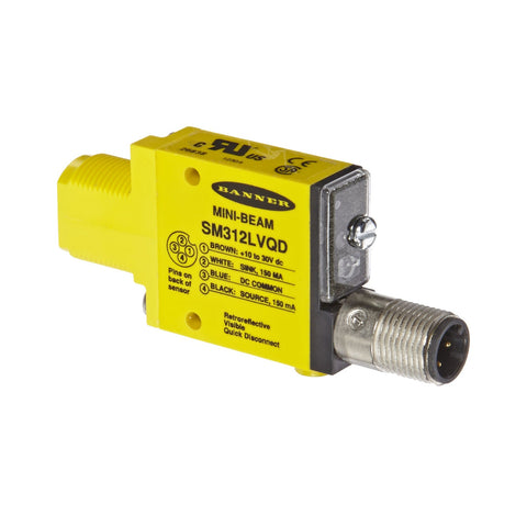 Banner SM312LVQD Mini-Beam photoelectric sensor with M12 QD connector for industrial applications.