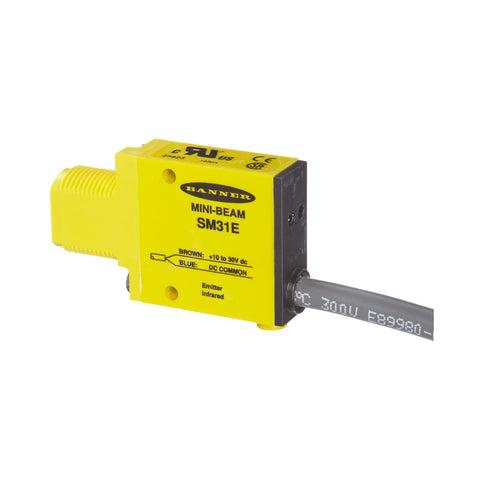 Banner SM31E Mini-Beam photoelectric emitter with infrared output and compact industrial housing.