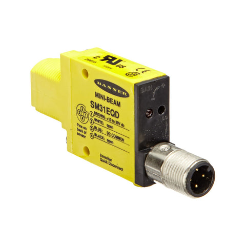 Banner SM31EQD MINI-BEAM opposed-mode emitter, 3 m range, 10–30 V DC, M12 QD connector.