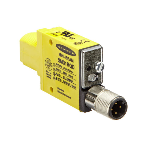 Banner SM31RQD Mini-Beam opposed receiver, 3 m range, bipolar output, M12 QD connector, IP67-rated housing.