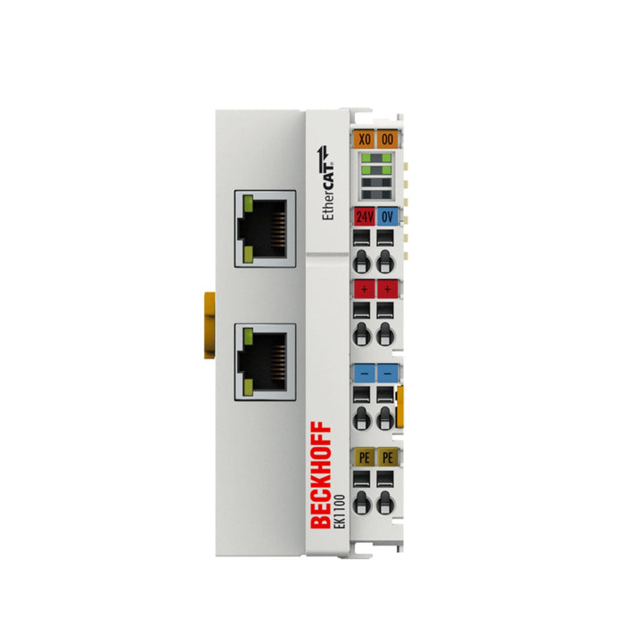 Beckhoff EK1100 EtherCAT coupler module for industrial automation, providing high-speed fieldbus communication and seamless I/O integration.