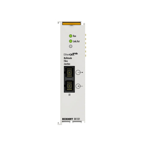 Beckhoff EK1521 EtherCAT to EtherNet/IP coupler for industrial automation, enabling seamless network communication and protocol conversion.