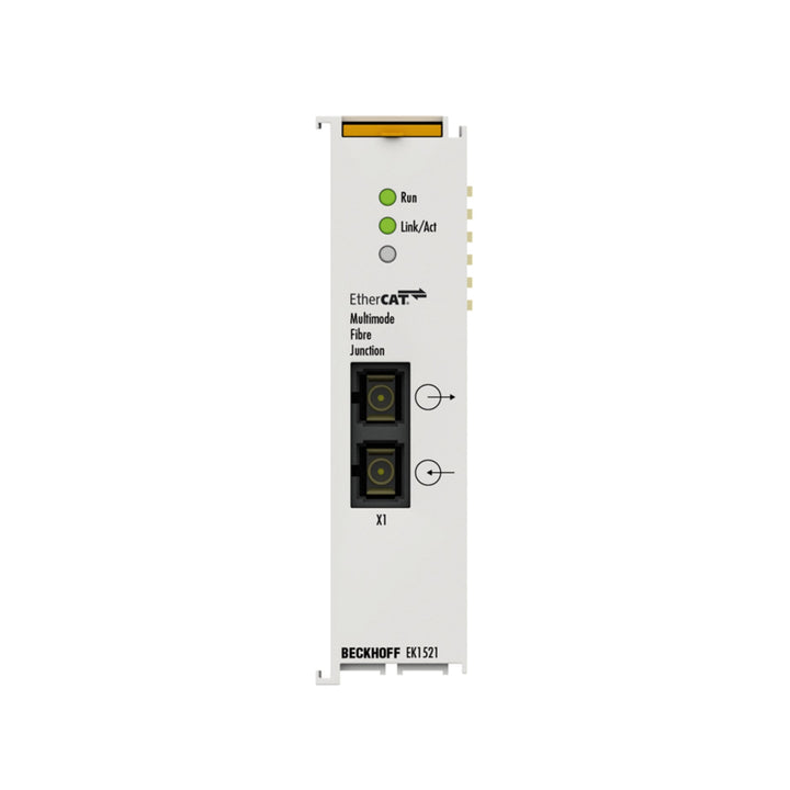 Beckhoff EK1521 EtherCAT to EtherNet/IP coupler for industrial automation, enabling seamless network communication and protocol conversion.