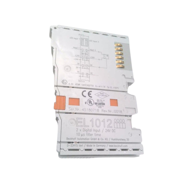 Beckhoff EL1012 digital input terminal, 2-channel, 24 V DC, for monitoring binary signals in industrial automation systems.