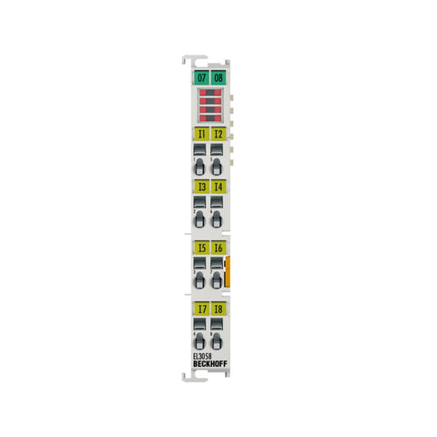 Beckhoff EL3058 8-channel analog input terminal for 0–10V signal monitoring with 12-bit resolution and EtherCAT integration.