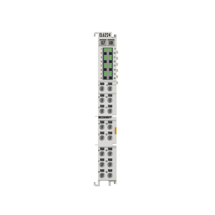 Beckhoff EL6224 4-channel IO-Link master terminal for connecting intelligent sensors and actuators in EtherCAT-based automation systems.