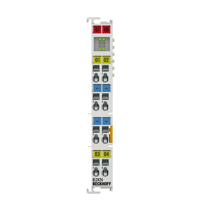 Beckhoff KL2424 4-channel digital output terminal for 24V DC loads, offering reliable switching and diagnostics in industrial automation systems.
