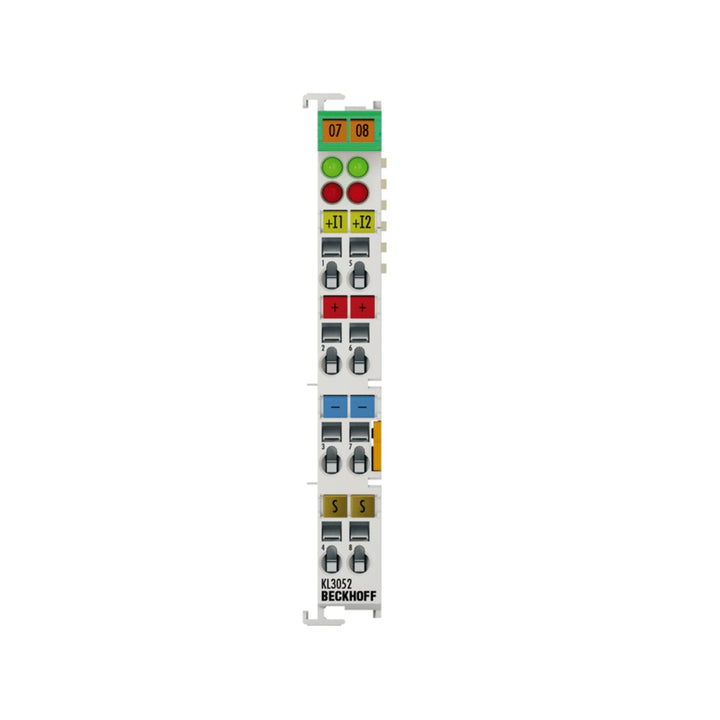 Beckhoff KL3052 2-channel 0-20mA analog input terminal with 12-bit resolution for accurate signal measurement in industrial automation systems.