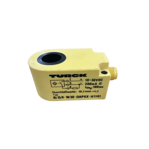Turck BI15R-W30-DAP6X-H1141 block style inductive sensor with 15 mm range and PNP NO output.