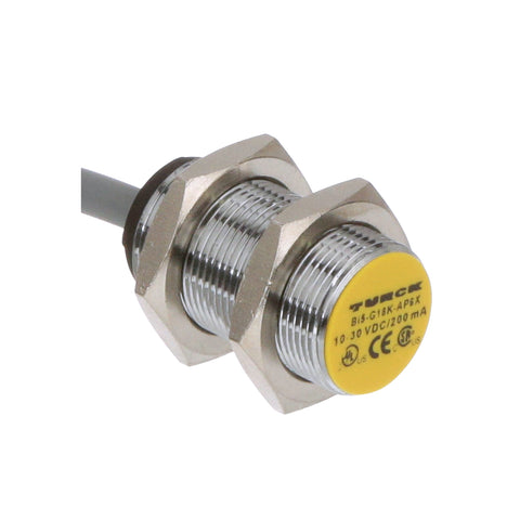Turck BI5-G18K-AP6X M18 inductive proximity sensor with 5 mm range and PNP NO output.