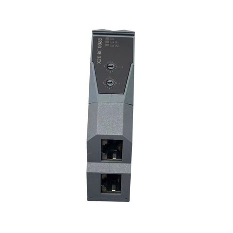 B&R X20BC0083 POWERLINK bus controller with dual Ethernet ports for X20 modular I/O systems. DIN rail mount, real-time industrial communication.