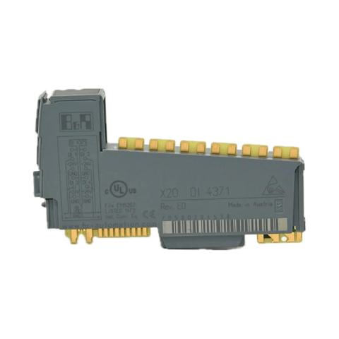 B&R X20DI4371 digital input module with 4 sink-type 24V DC inputs, configurable filters, and DIN rail mounting for industrial automation systems.