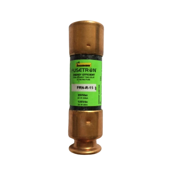Bussmann FRN-R-15 Class RK5 fuse, 15 A, 250 V AC / 125 V DC, dual-element time-delay