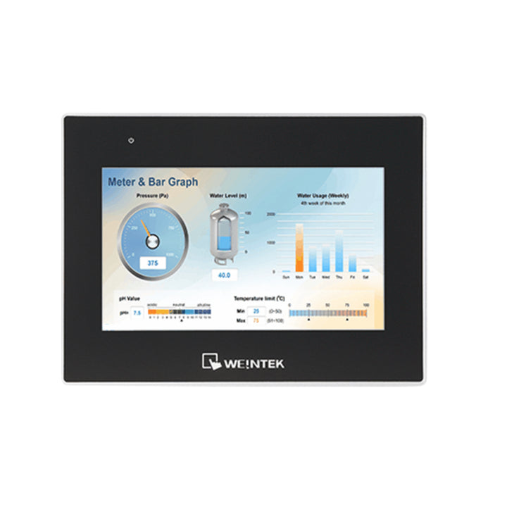 Weintek cMT2078X 7" HMI with quad-core CPU, dual Ethernet, RS-232/RS-485, and IIoT protocol support.