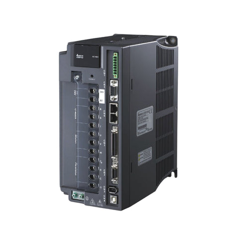 Delta ASD-A2-2043-M 2.0 kW servo drive, 400V, for ECMA motors, with high-speed control and multi-mode performance in industrial systems.