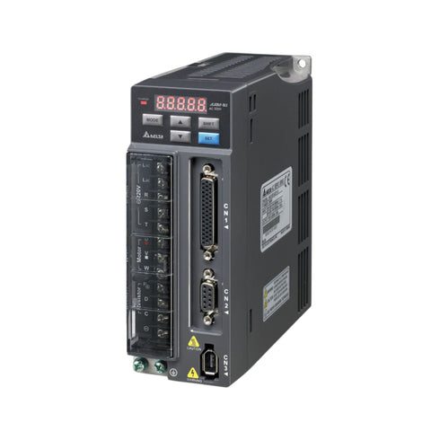 Delta ASD-B2-1521-B 1.5 kW servo drive with RS-485 Modbus, 220V input, for ECMA motors in position, speed, or torque control applications.