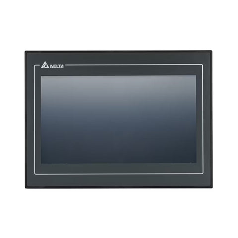 Delta DOP-107WV 7-inch widescreen HMI with 800x480 resolution, Ethernet, USB, and COM ports for industrial automation.