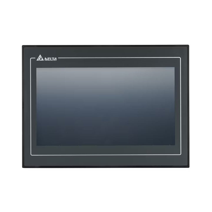 Delta DOP-107WV 7-inch widescreen HMI with 800x480 resolution, Ethernet, USB, and COM ports for industrial automation.