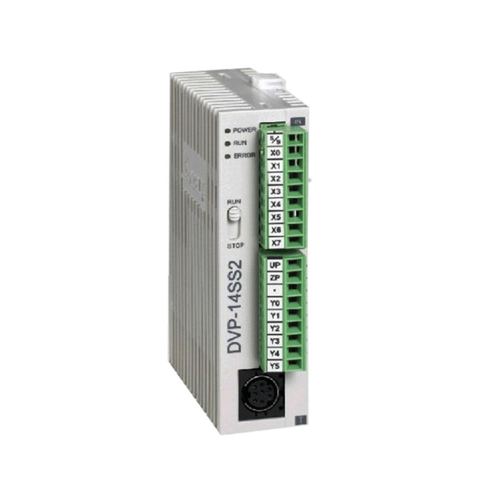 Delta DVP14SS211R PLC with 8 inputs and 6 relay outputs, compact 24VDC controller for small automation and control systems.