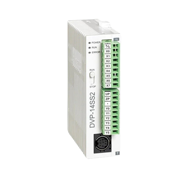 Delta DVP14SS211T PLC with 8 digital inputs and 6 transistor outputs, compact high-speed controller for industrial automation.