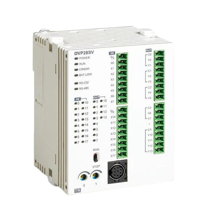 Delta DVP28SV11T2 PLC with 16 DI and 12 transistor outputs, high-speed logic, and built-in communication ports for automation control.