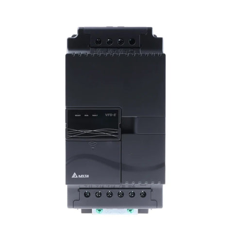 Delta VFD055E43A AC motor drive, 7.5 HP, 460V 3-phase input, sensorless vector control, built-in PLC, VFD-E Series.