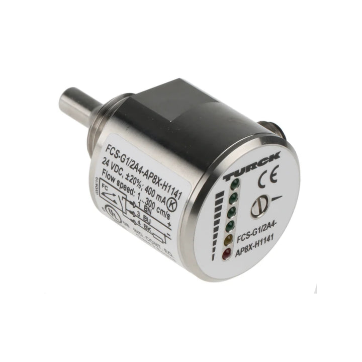 Turck FCS-G1-2A4-AP8X-H1141 compact industrial flow sensor with PNP output.
