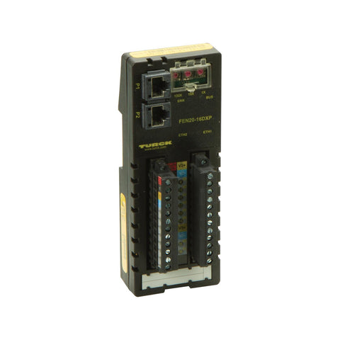 Turck FEN20-16DXP compact Ethernet I/O station, 16 configurable channels, PNP digital, multiprotocol, industrial.