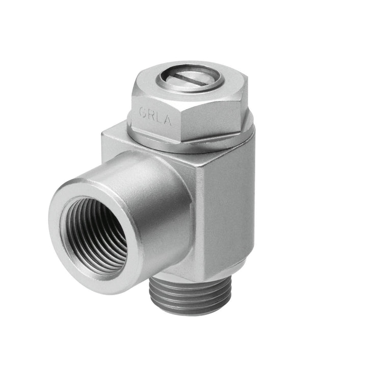 Festo GRLA-1/4-B flow control valve, G 1/4 thread, one-way metered exhaust, part no. 151172, GTIN 4052568010560.