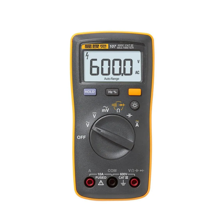 Fluke 107 pocket digital multimeter, compact CAT III 600 V, measures AC/DC voltage, current, resistance, capacitance