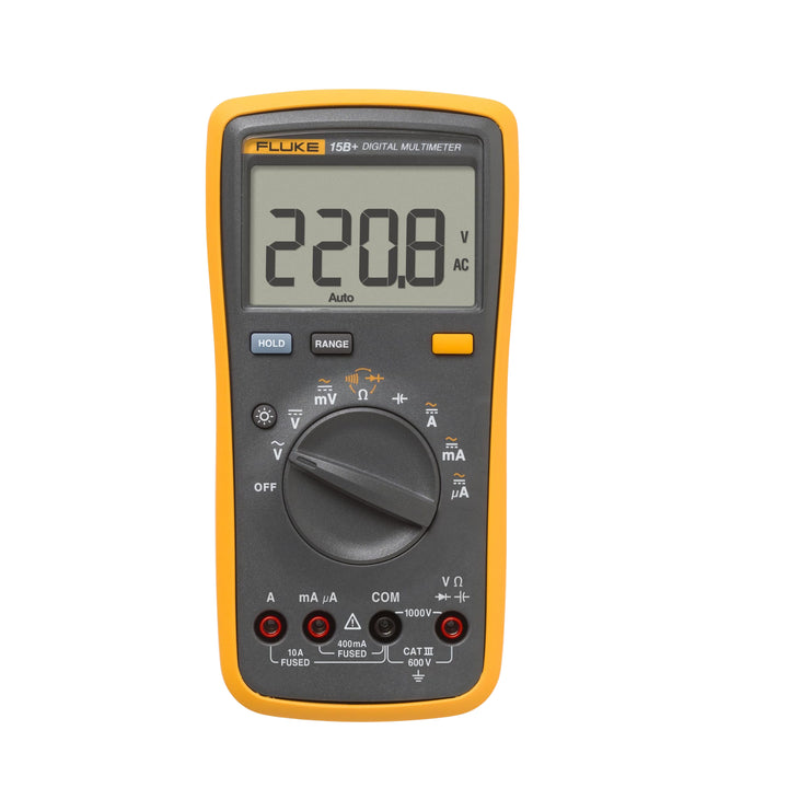 Fluke 15B+ digital multimeter, 1000 V, 10 A, resistance, capacitance, continuity