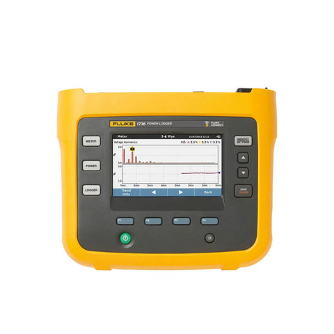 Fluke 1736 three-phase power quality logger, 1000 V / 1500 A probe, logs harmonics and energy