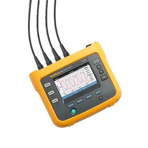 Fluke 1738 three-phase power logger with iFlex current probes, waveform snapshot, color touchscreen