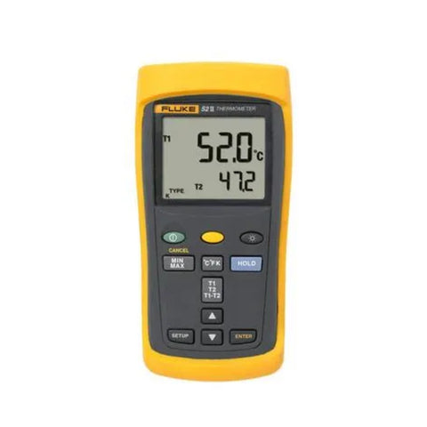 Fluke 52 II dual-probe thermometer, J/K/T/E thermocouples, dual display, 0.05% + 0.3 °C accuracy