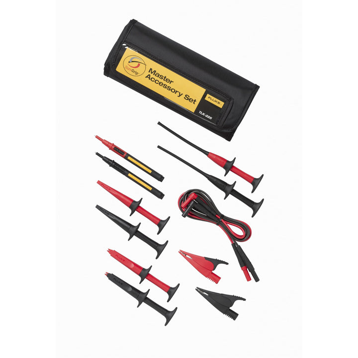 Fluke TLK225 SureGrip accessory kit with test leads, probes, clips, and storage pouch
