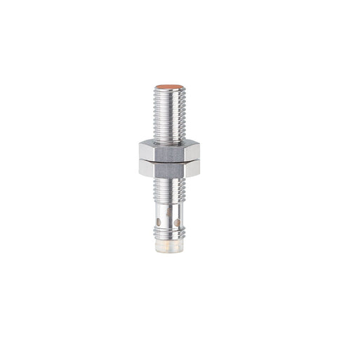 ifm IE5338 M8 inductive proximity sensor with 3 mm sensing range, flush mount design, and IP67-rated nickel-plated brass housing for precise metal detection.