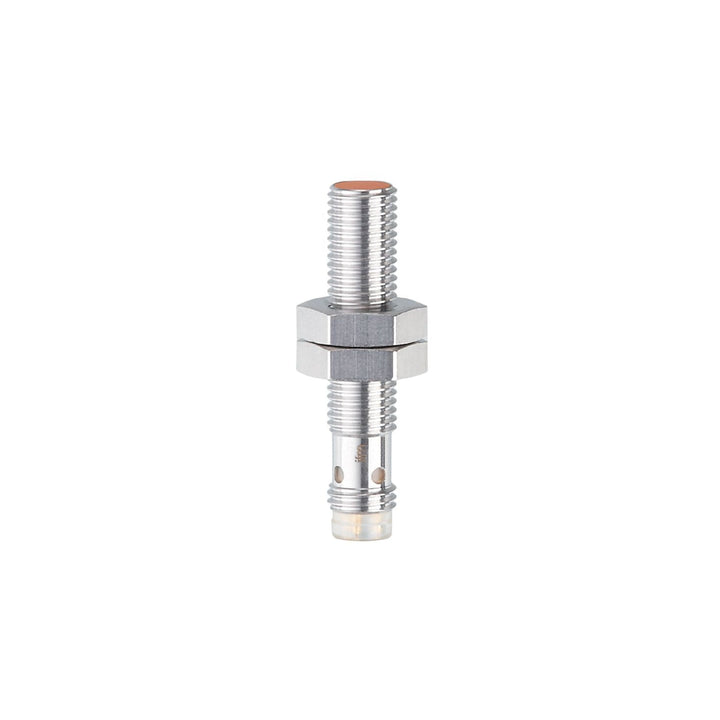 ifm IE5338 M8 inductive proximity sensor with 3 mm sensing range, flush mount design, and IP67-rated nickel-plated brass housing for precise metal detection.