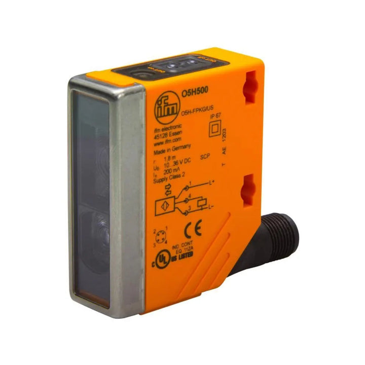 ifm O5H500 diffuse reflection sensor with adjustable sensing range and background suppression for precise object detection in industrial applications.