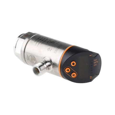 ifm PN7092 electronic pressure sensor, 0–100 bar range, G 1/4" connection, dual PNP outputs, and IP67 housing for industrial automation.

