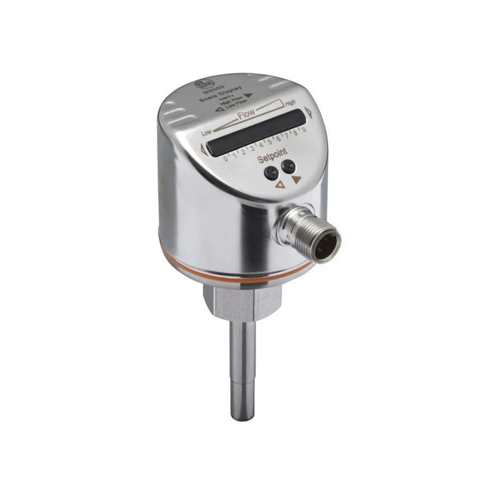 ifm SI5000 thermal flow sensor for liquid monitoring, with LED display and adjustable PNP output for industrial automation.